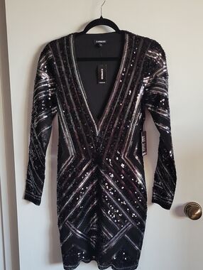 Express Black Sequin Deep V Long Sleeve Party Dress